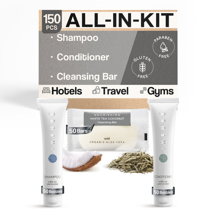 Infuse Hotel Soaps and Toiletries Bulk Set | 1-Shoppe All-In-Kit Amenities for Hotels & Airbnb | 1 oz Hotel Shampoo & Conditioner, 40 grams Bar Soap Travel Size | 150 Pieces