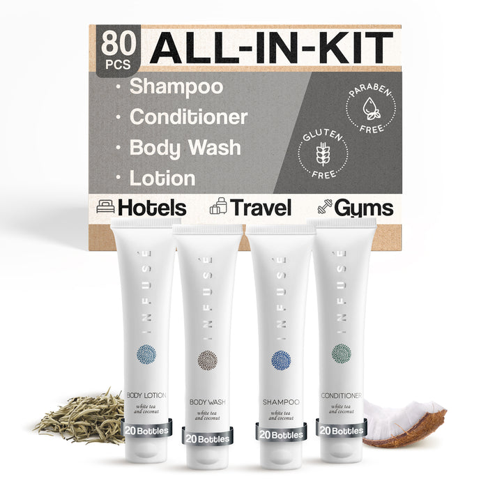 Infuse Pure White Tea and Coconut Hotel Soaps and Toiletries Bulk Set | All-In-Kit for Hotels | 1oz Shampoo & Conditioner, Body Wash & Lotion| Travel Size 80 Pieces