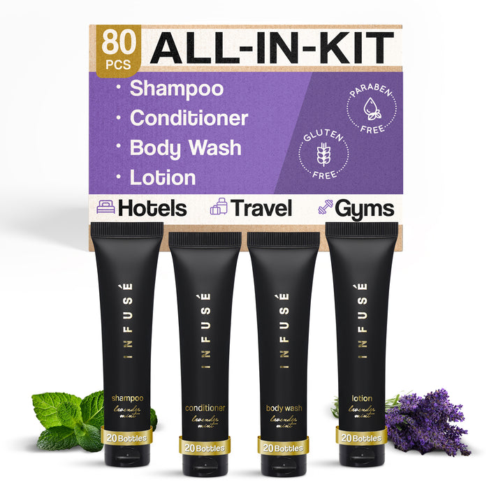 Infuse Black Hotel Soaps and Toiletries Bulk Set | 1-Shoppe All-In-Kit Amenities for Hotels & Airbnb | 1 oz Hotel Shampoo & Conditioner, Body Wash & Lotion Travel Size | 80 Pieces