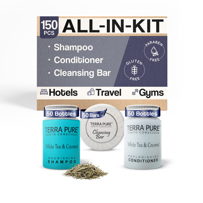 Terra Pure White Tea and Coconut Hotel Soaps and Toiletries Bulk Set | 1-Shoppe All-In-Kit Amenities for Hotels & Airbnb | 1 oz Hotel Shampoo & Conditioner, 1.25 oz Bar Soap Travel Size | 150 Pieces