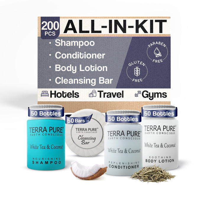 Terra Pure White Tea and Coconut Hotel Soaps and Toiletries Bulk Set|1-Shoppe All-In-Kit Amenities for Hotels & Airbnb|1 oz Hotel Shampoo, Conditioner & Lotion, 1.25 oz Bar Soap Travel Size|200 Pieces