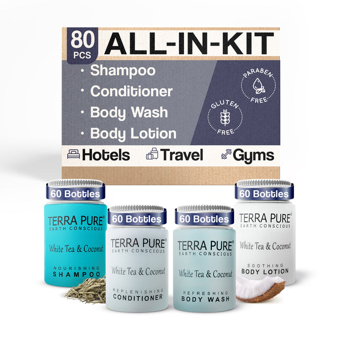 Terra Pure White Tea & Coconut 1.0 oz. Toiletries Set | 1-Shoppe All-In-Kit Amenities For Hotels, Airbnb & Rentals | Hotel Shampoo & Conditioner, Body Wash, Body Lotion | 80 Piece Travel Set