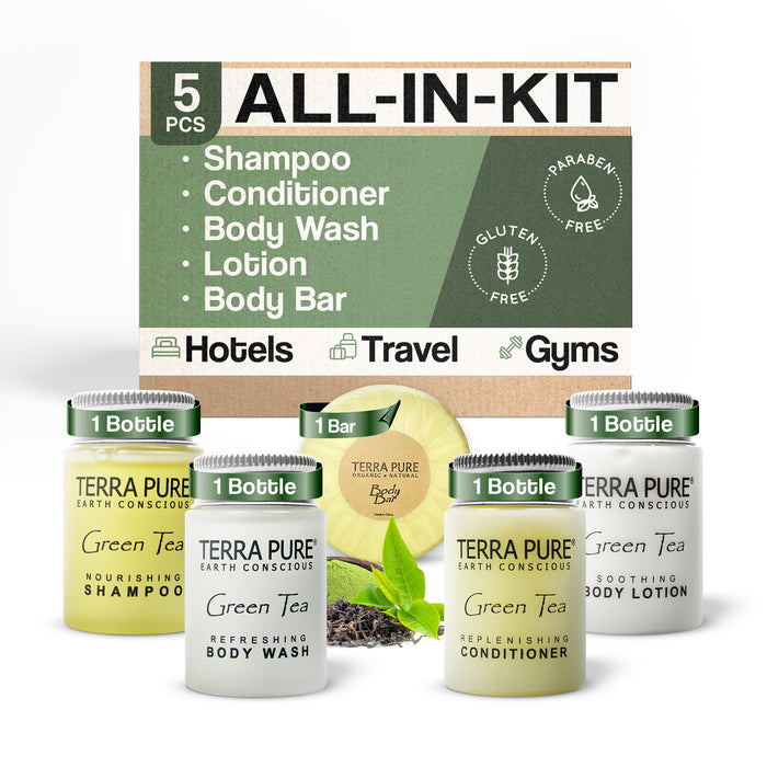 1-Shoppe All-in-Kit Terra Pure Hotel Toiletries Sample Set Amenities for Hotels | 1oz Hotel Shampoo & Conditioner, Body Wash, Body Lotion & 1.25oz Bar Soap Travel Size | 5 Pieces