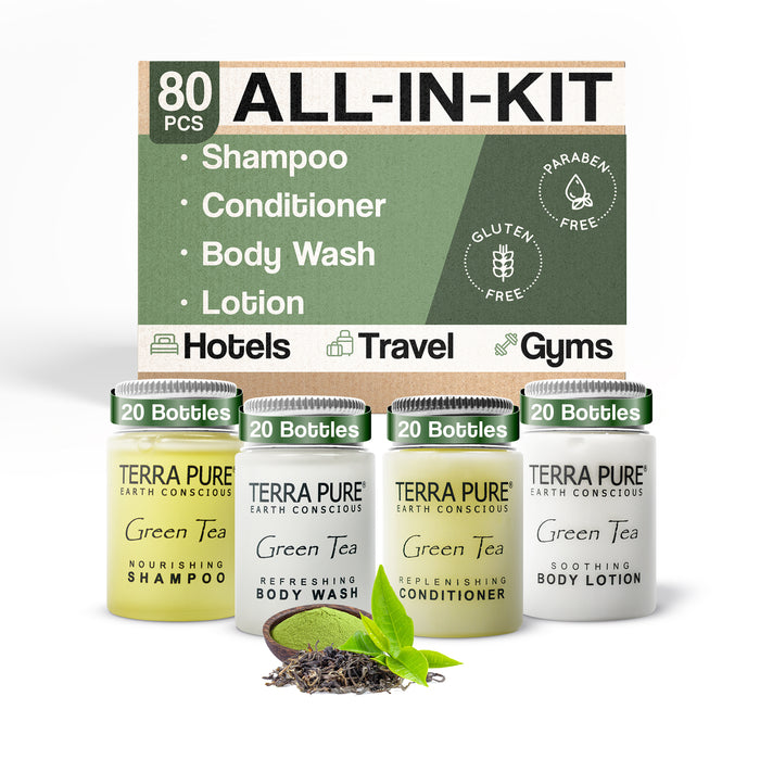 Terra Pure Green Tea 1.0 oz. Toiletries Set | 1-Shoppe All-In-Kit Amenities For Hotels, Airbnb & Rentals | Hotel Shampoo & Conditioner, Body Wash, Body Lotion | 80 Piece Travel Set