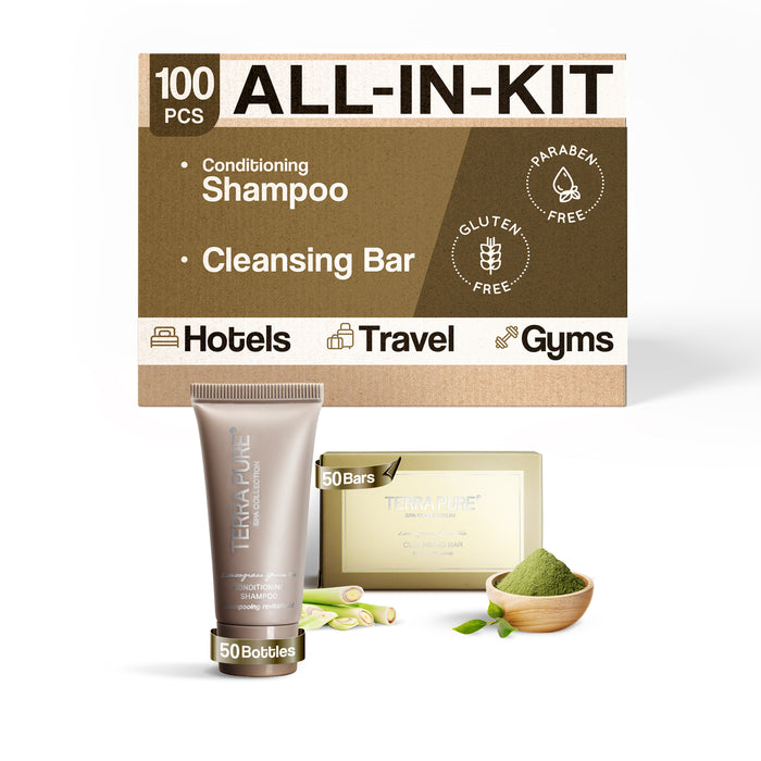 Terra Pure Spa Collection Bulk Set Toiletries| 1-Shoppe All-In-Kit Amenities for Hotels & Airbnb | 0.85 oz Hotel Cleansing Bar and Conditioning Shampoo Travel Size Tube | 100 Pieces