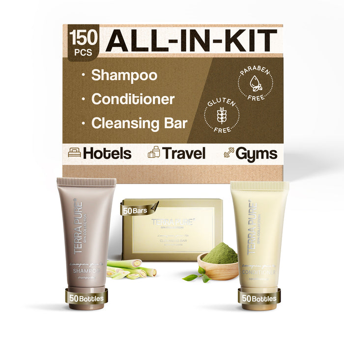 Terra Pure Spa Collection Bulk Set Toiletries | 1-Shoppe All-In-Kit Amenities for Hotels & Airbnb | 0.85 oz Hotel Shampoo & Conditioner, and Cleansing Bar Travel Size Tubes | 150 Pieces