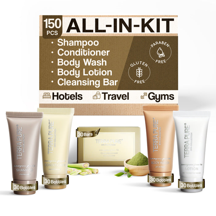 Terra Pure Spa Collection Bulk Set Toiletries | 1-Shoppe All-In-Kit Amenities for Hotels & Airbnb | 0.85 oz Hotel Shampoo & Conditioner, Body Wash, Lotion & Cleansing Bar Travel Size Tubes| 150 Pieces