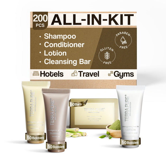 Terra Pure Spa Collection Bulk Set Toiletries | 1-Shoppe All-In-Kit Amenities for Hotels & Airbnb | 0.85 oz Hotel Shampoo & Conditioner, Lotion, and Cleansing Bar Travel Size Tubes | 200 Pieces