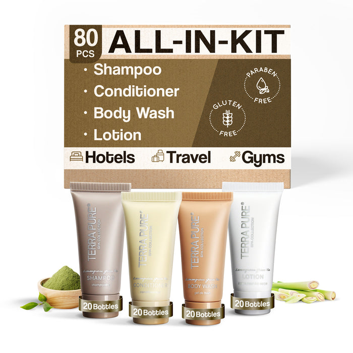 Terra Pure Spa Collection Bulk Set Toiletries| 1-Shoppe All-In-Kit Amenities for Hotels & Airbnb | 0.85 oz Hotel Shampoo & Conditioner, Body Wash & Lotion Travel Size Tubes| 80 Pieces