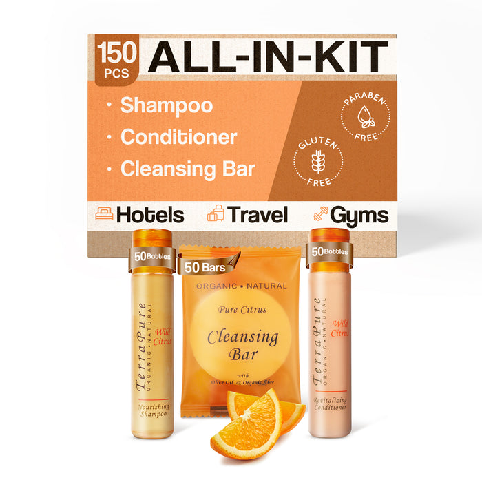 Terra Pure Wild Citrus Hotel Soaps and Toiletries Bulk Set | 1-Shoppe All-In-Kit Amenities for Hotels & Airbnb | 1 oz Hotel Shampoo & Conditioner, 40 grams Cleansing Bar Travel Size | 150 Pieces