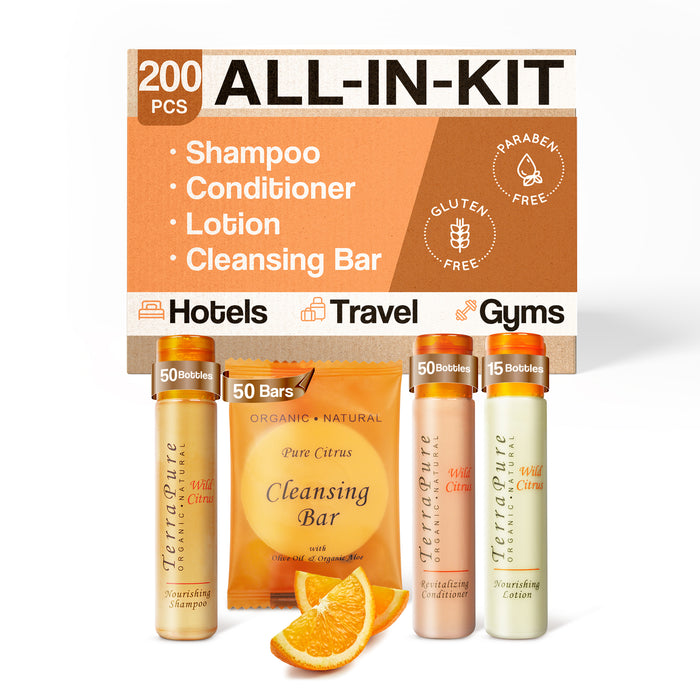 Terra Pure Wild Citrus Hotel Soaps and Toiletries Bulk Set | 1-Shoppe All-In-Kit Amenities for Hotels & Airbnb | 1 oz Shampoo, Conditioner & Lotion, 40 grams Cleansing Bar Travel Size | 200 Pieces
