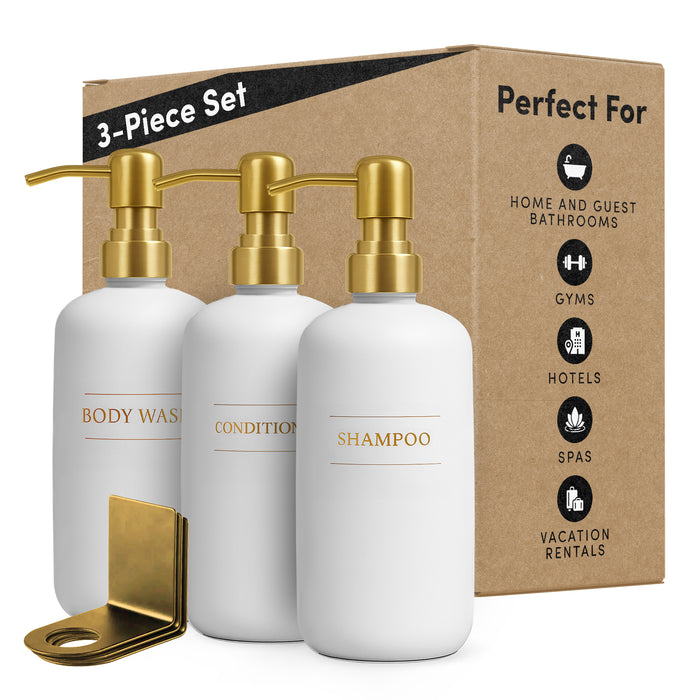 Diversified Hospitality Solutions White Plastic Bottle | Refillable Wall Mount Liquid Soap Dispenser with No Drill Brackets |16 oz Shampoo, Conditioner and Body Wash for every Bathroom | Three Bottles