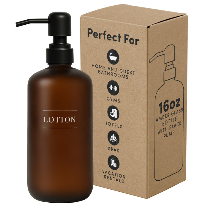 Amber Glass Lotion Bottle | 16 oz Refillable Wall Mount Liquid Soap Dispenser with Waterproof Label for every Bathroom | Single Product by Diversified Hospitality Solutions