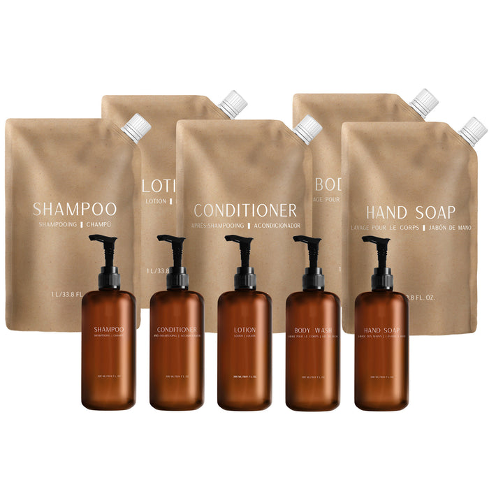 HostGPO Starter Set - Custom HostGPO 300 ml/10.14 oz Pump Bottles; Includes 2 Shampoo, 2 Conditioner, 2 Body Wash, 2 Lotion and 4 Hand Soap and 1L Refill Pouches: Includes 3 Shampoo, 1 Conditioner, 1 Lotion, 3 Body Wash and 4 Hand Soap