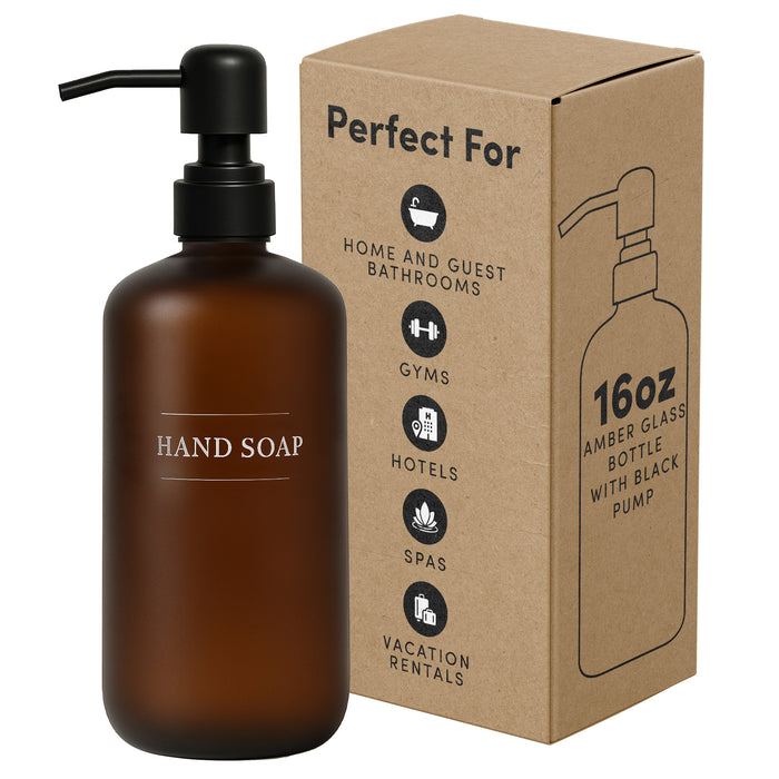 Amber Glass Handsoap Bottle | 16 oz Refillable Wall Mount Liquid Soap Dispenser with Waterproof Label for every Bathroom | Single Product by Diversified Hospitality Solutions