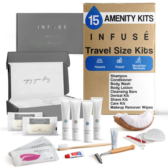 Infuse Amenity & Accessory Kit | 1 oz Travel Size Shampoo, Conditioner, Lotion, Body Wash, 2 Cleansing Bars, Shave & Dental Sets, Make-Up Remover Wipes, & Vanity Kit | 15 sets per case