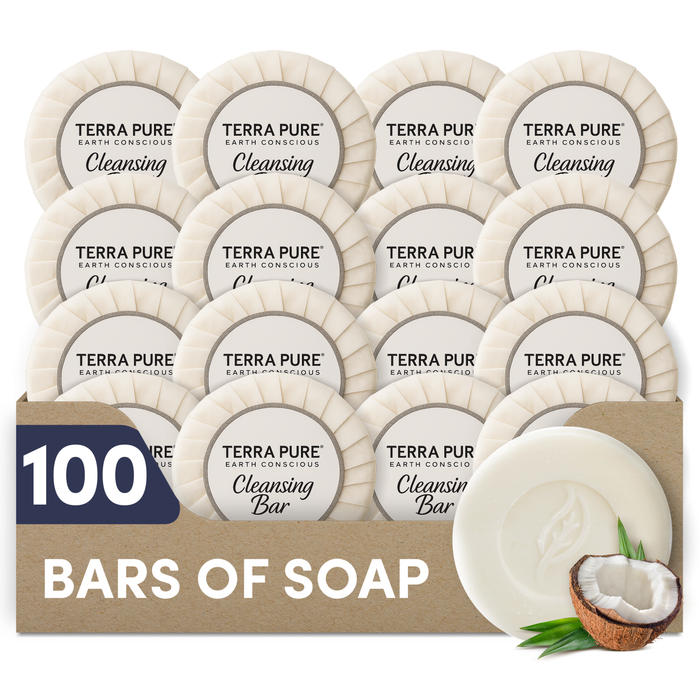 Terra Pure White Tea and Coconut Hotel Soap | Travel Size Toiletries Bulk Set for Airbnb Essentials | 1.25oz Bar Soap | 100 Pieces