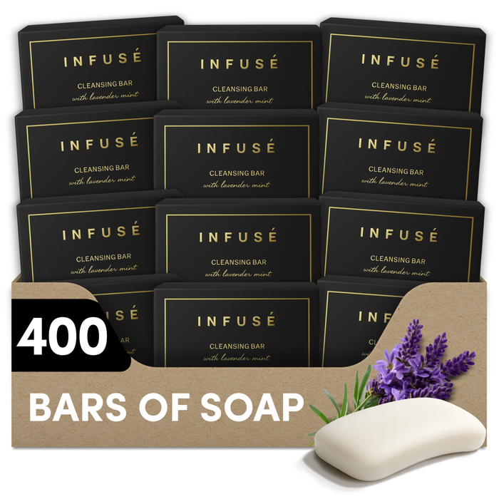 Infuse Black Hotel Toiletries Bulk, Amenities for Guest Hospitality, Motel, AirBnB, Gym, Luxury, Airport | Hotel Soap | Travel Size Toiletries Bulk Set for Airbnb Essentials | 50 gram Boxed Cleansing Bar Soap | 400 Pieces