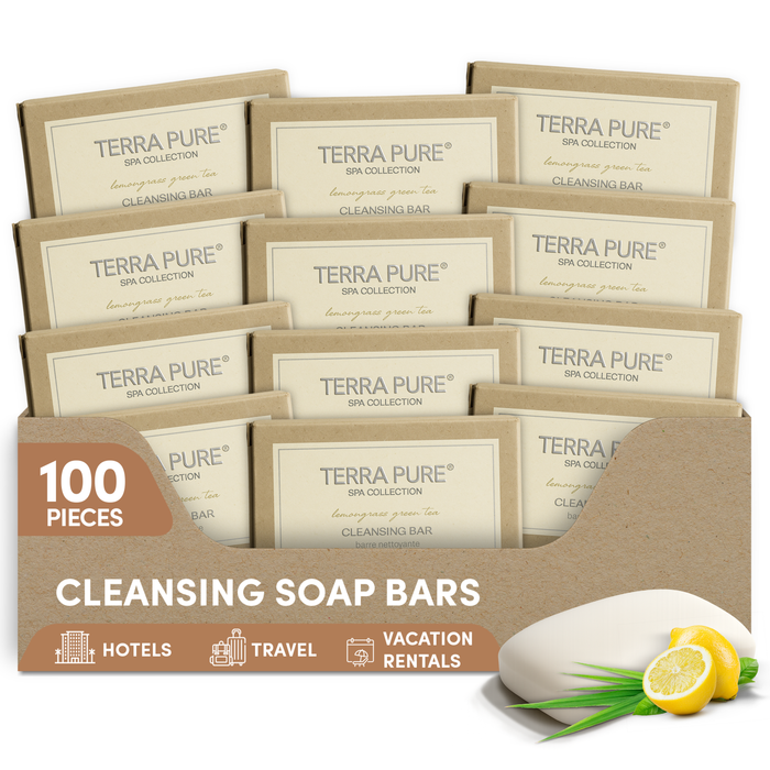 Terra Pure Spa Collection Bulk Set Toiletries | Amenities for Guest Hospitality, Vacation Rental Properties, AirBnBs, Gyms, Airport |Luxury Travel-Size Hotel Cleansing Bar Wash 1.76 oz (Case of 100)