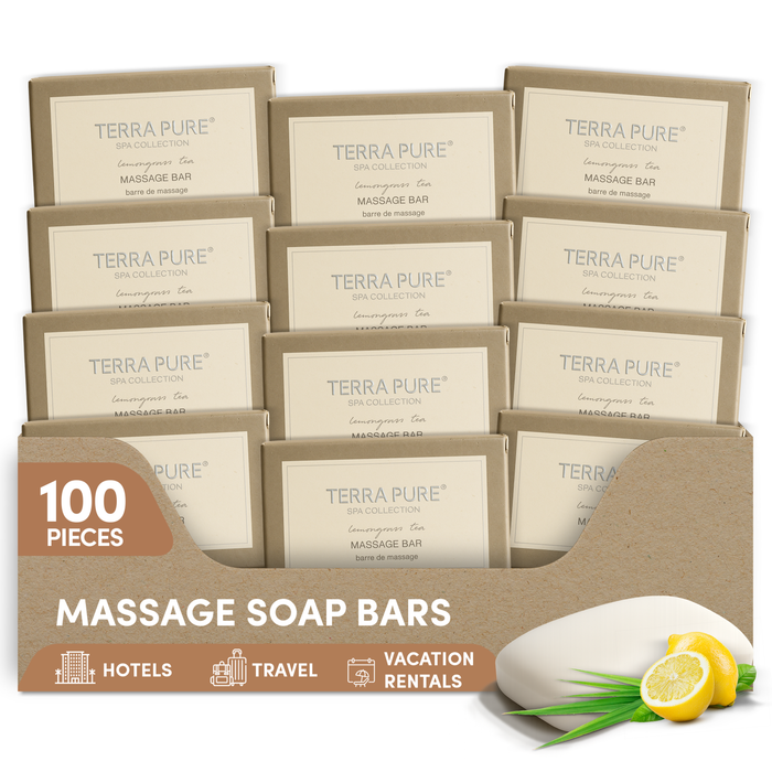 Terra Pure Spa Collection Bulk Set Toiletries | Amenities for Guest Hospitality, Vacation Rental Properties, AirBnBs, Gyms, Airport |Luxury Travel-Size Hotel Massage Bar Wash 1 oz (Case of 100)