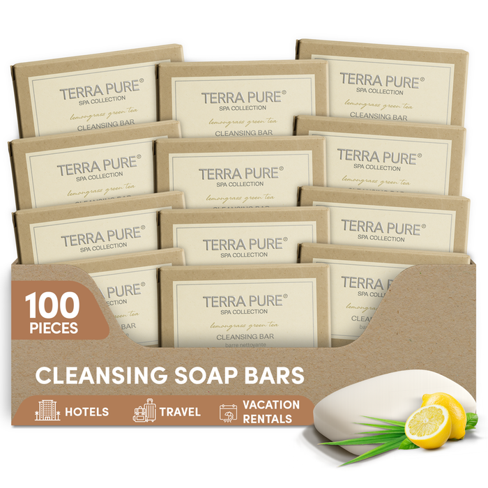 Terra Pure Spa Collection Bulk Set Toiletries | Amenities for Guest Hospitality, Vacation Rental Properties, AirBnBs, Gyms, Airport |Luxury Travel-Size Hotel Cleansing Bar Wash .7 oz (Case of 100)