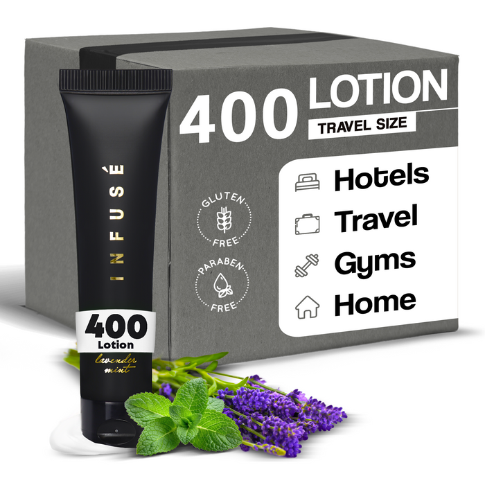 Infuse Black Hotel Toiletries Bulk, Amenities for Guest Hospitality, Motel, AirBnB, Gym, Luxury, Airport | Travel-Size Hotel Lotion 1 oz (Case of 400)