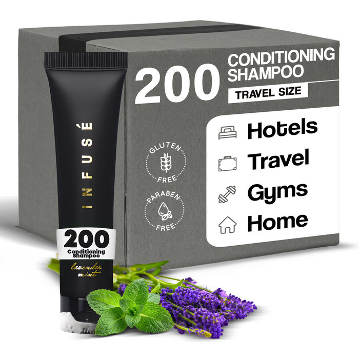 Infuse Black Hotel Toiletries Bulk, Amenities for Guest Hospitality, Motel, AirBnB, Gym, Luxury, Airport | Travel-Size Hotel Conditioning Shampoo 1 oz (Case of 200)