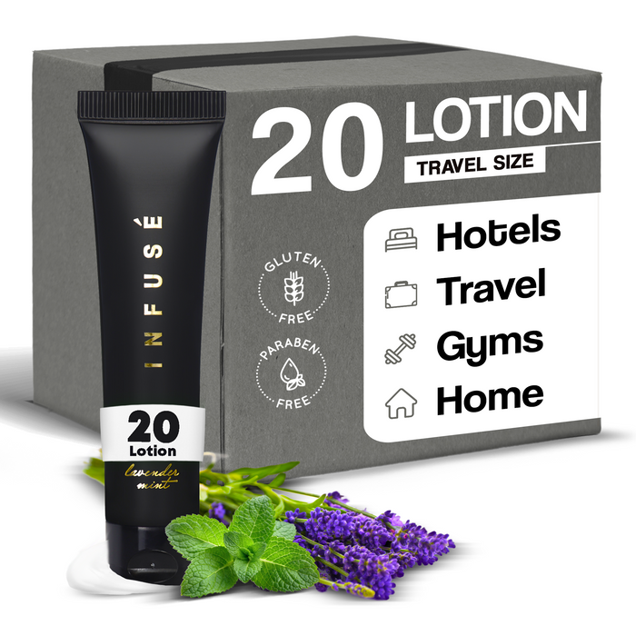 Infuse Black Hotel Toiletries Bulk, Amenities for Guest Hospitality, Motel, AirBnB, Gym, Luxury, Airport | Travel-Size Hotel Lotion 1 oz (Case of 20)