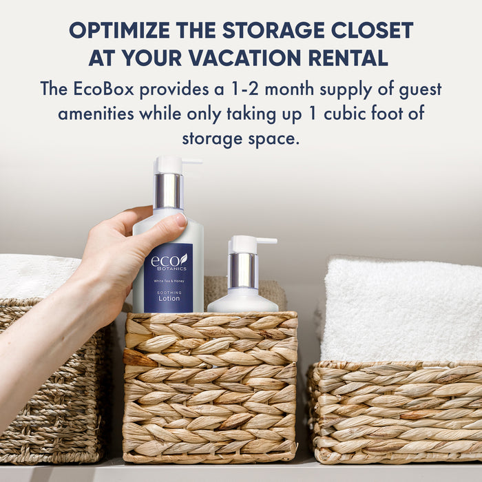 A 20 Piece EcoBox All-in-Kit of our Eco Botanics 10.14 oz. 300 ml Bottles--6 Shampoos, 4 Conditioners, 6 Body Washes, & 4 Lotions.