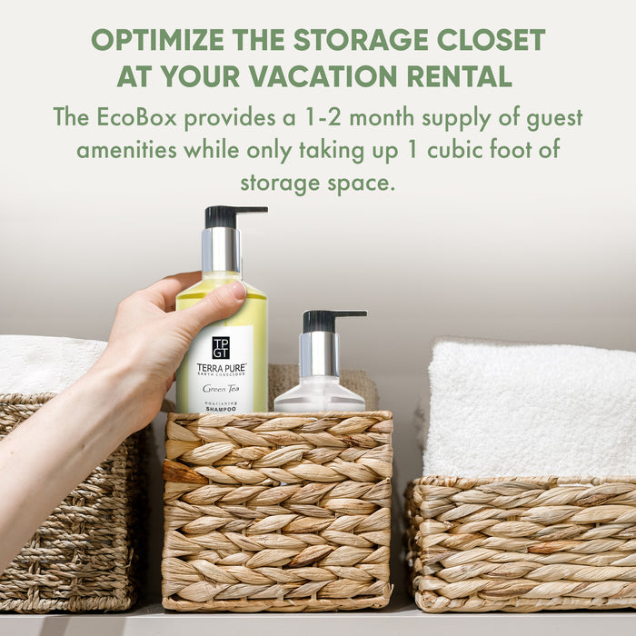 A 15 Piece EcoBox All-in-Kit of our Terra Pure Green Tea 10.14 oz. 300 ml Bottles--6 Shampoos, 3 Conditioners, & 6 Body Washes