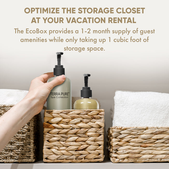A 15 Piece EcoBox All-in-Kit of our Terra Pure Spa Collection 10.14 oz. 300 ml Bottles--6 Shampoos, 3 Conditioners, & 6 Body Washes