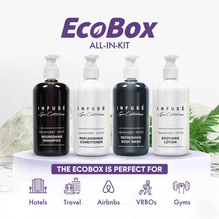 A 20 Piece EcoBox All-in-Kit of our Infuse Lavender Mint 10.14 oz. 300 ml Bottles--6 Shampoos, 4 Conditioners, 6 Body Washes, & 4 Lotions.
