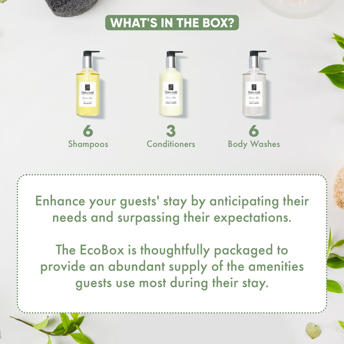 A 15 Piece EcoBox All-in-Kit of our Terra Pure Green Tea 10.14 oz. 300 ml Bottles--6 Shampoos, 3 Conditioners, & 6 Body Washes