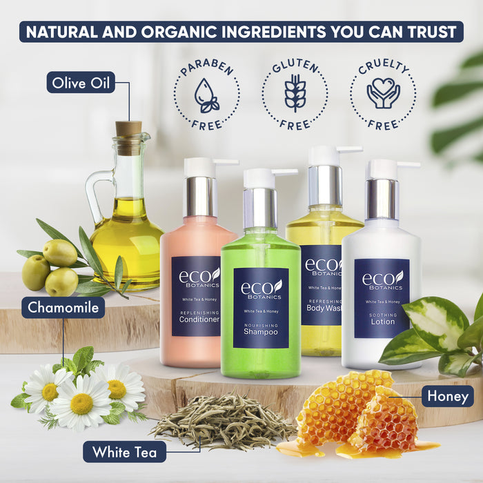 A 20 Piece EcoBox All-in-Kit of our Eco Botanics 10.14 oz. 300 ml Bottles--6 Shampoos, 4 Conditioners, 6 Body Washes, & 4 Lotions.