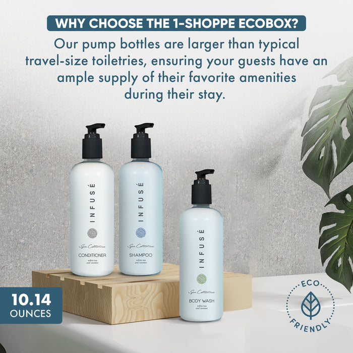 A 20 Piece EcoBox All-in-Kit of our Aquavera 10.14 oz. 300 ml Bottles--6 Shampoos, 4 Conditioners, 6 Body Washes, & 4 Lotions.