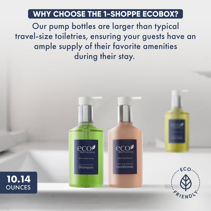 A 30 Piece EcoBox All-in-Kit of our Eco Botanics 10.14 oz. 300 ml Bottles--12 Shampoos, 6 Conditioners, & 12 Body Washes