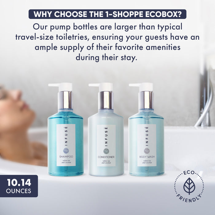 A 10 Piece EcoBox All-in-Kit of our Infuse 10.14 oz. 300 ml Bottles--3 Shampoos, 2 Conditioners, 3 Body Washes, & 2 Lotions.