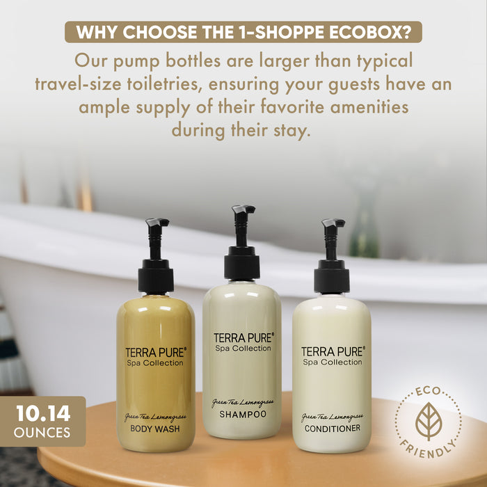 A 15 Piece EcoBox All-in-Kit of our Terra Pure Spa Collection 10.14 oz. 300 ml Bottles--6 Shampoos, 3 Conditioners, & 6 Body Washes