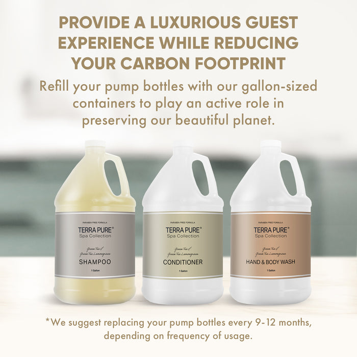A 15 Piece EcoBox All-in-Kit of our Terra Pure Spa Collection 10.14 oz. 300 ml Bottles--6 Shampoos, 3 Conditioners, & 6 Body Washes