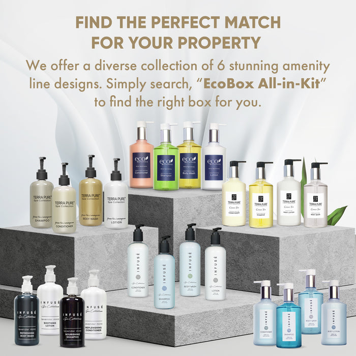A 15 Piece EcoBox All-in-Kit of our Terra Pure Spa Collection 10.14 oz. 300 ml Bottles--6 Shampoos, 3 Conditioners, & 6 Body Washes