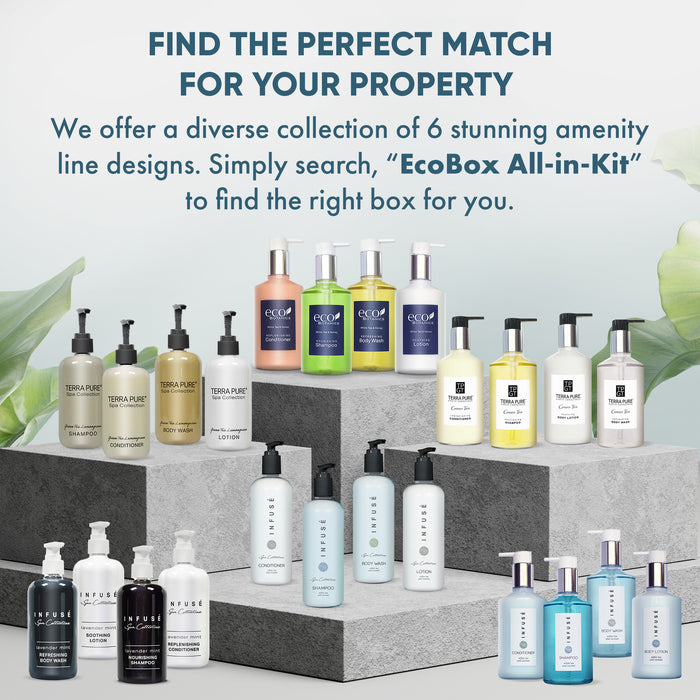 A 20 Piece EcoBox All-in-Kit of our Aquavera 10.14 oz. 300 ml Bottles--6 Shampoos, 4 Conditioners, 6 Body Washes, & 4 Lotions.