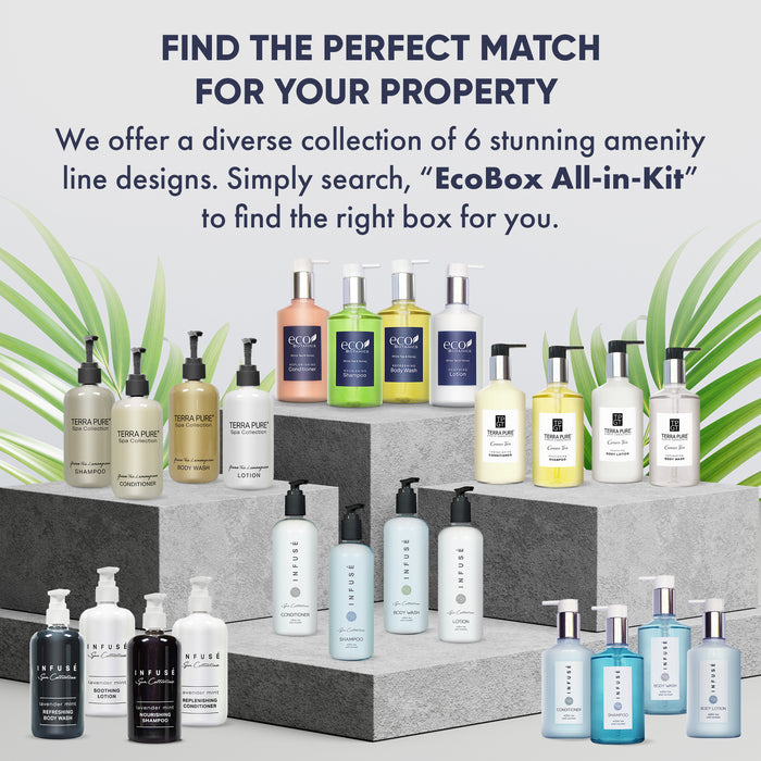 A 10 Piece EcoBox All-in-Kit of our Infuse 10.14 oz. 300 ml Bottles--3 Shampoos, 2 Conditioners, 3 Body Washes, & 2 Lotions.