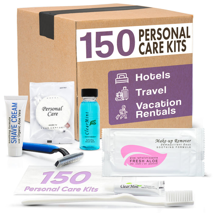 Personal Care Travel Size Toiletries | 1-Shoppe All-In-Kit Hotel Amenities Bulk | Travel Shaving Set, Toothbrush & Paste, Mouthwash, Makeup Wipes, Swabs, Nail File & Sewing Kit | 150 Pcs