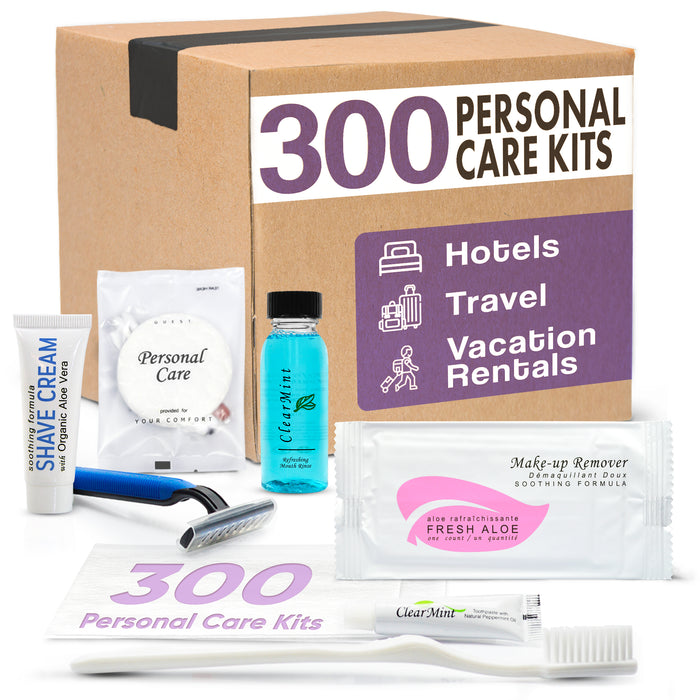 Personal Care Travel Size Toiletries | 1-Shoppe All-In-Kit Hotel Amenities Bulk | Travel Shaving Set, Toothbrush & Paste, Mouthwash, Makeup Wipes, Swabs, Nail File & Sewing Kit | 300 Pcs