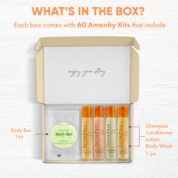 Terra Pure Amenity Kit | Boxed Hotel Toiletries | Bulk Set 1oz Travel Size Shampoo, Conditioner, Lotion, Body Wash & Bar Soap for Guest Hospitality AirBnB/Vacation Rentals | 60 sets per case