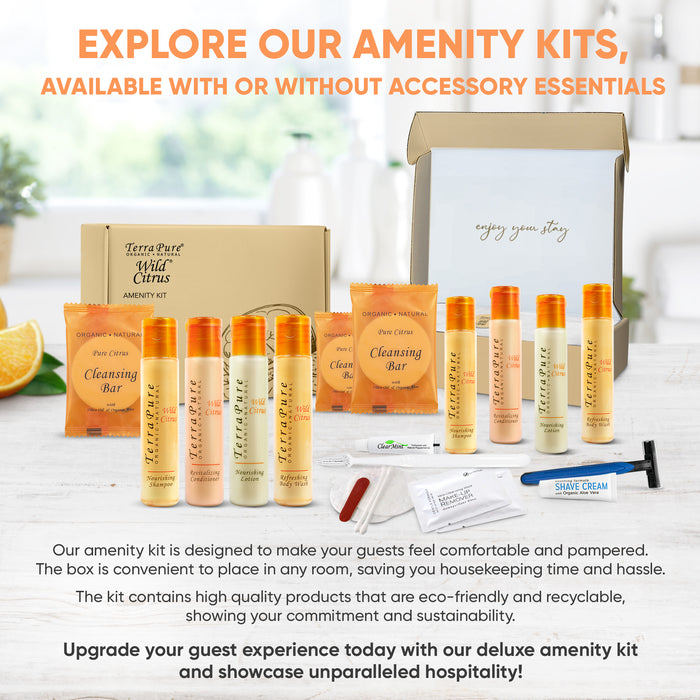 Terra Pure Amenity Kit | Boxed Hotel Toiletries | Bulk Set 1 oz Travel Size Shampoo, Conditioner, Lotion, Body Wash & Cleansing Bar for Guest Hospitality AirBnB/Vacation Rentals | 1 set per case