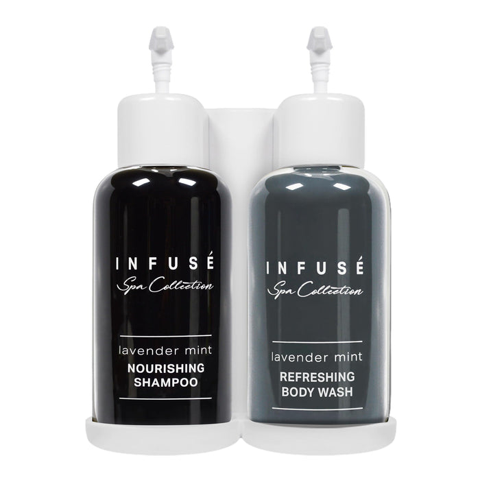 Infuse Lavender Mint | Wall-Mounted No Drill Shower Soap Amenities Dispenser | 10.14 oz. / 300 ml Bottles | Tamper Proof Locking Bracket | 1 Bracket with Shampoo and Body Wash