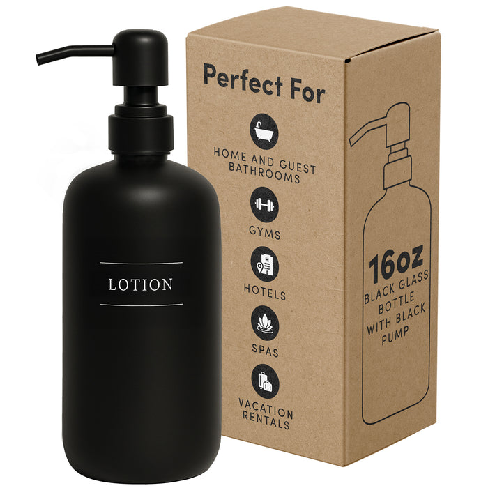Black Glass Lotion Bottle | 16 oz Refillable Wall Mount Liquid Soap Dispenser with Waterproof Label for every Bathroom | Single Product by Diversified Hospitality Solutions