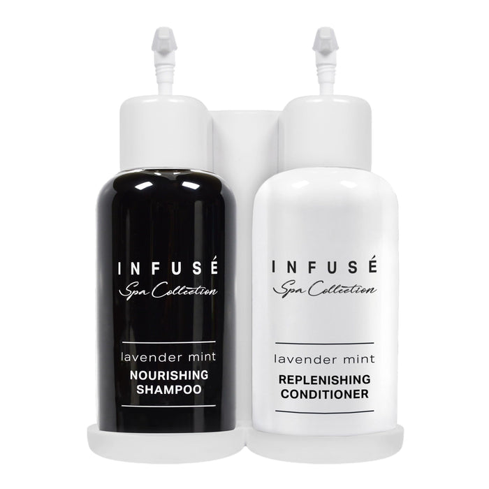 Infuse Lavender Mint | Wall-Mounted No Drill Shower Soap Amenities Dispenser | 10.14 oz. / 300 ml Bottles | Tamper Proof Locking Bracket | 1 Bracket with Shampoo and Conditioner