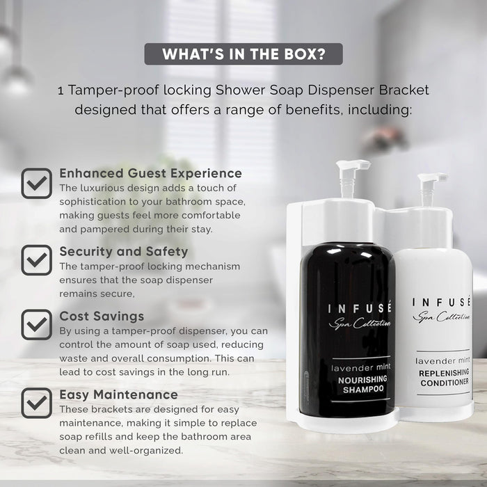 Infuse Lavender Mint | Wall-Mounted No Drill Shower Soap Amenities Dispenser | 10.14 oz. / 300 ml Bottles | Tamper Proof Locking Bracket | 1 Bracket with Shampoo and Conditioner